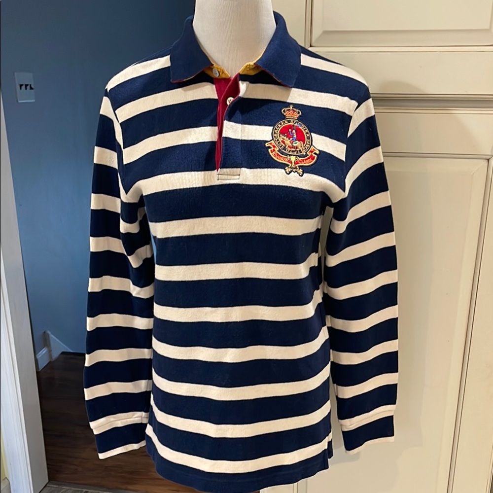 Kingkow Navy and White Striped Rugby Polo Shirt boys size 14